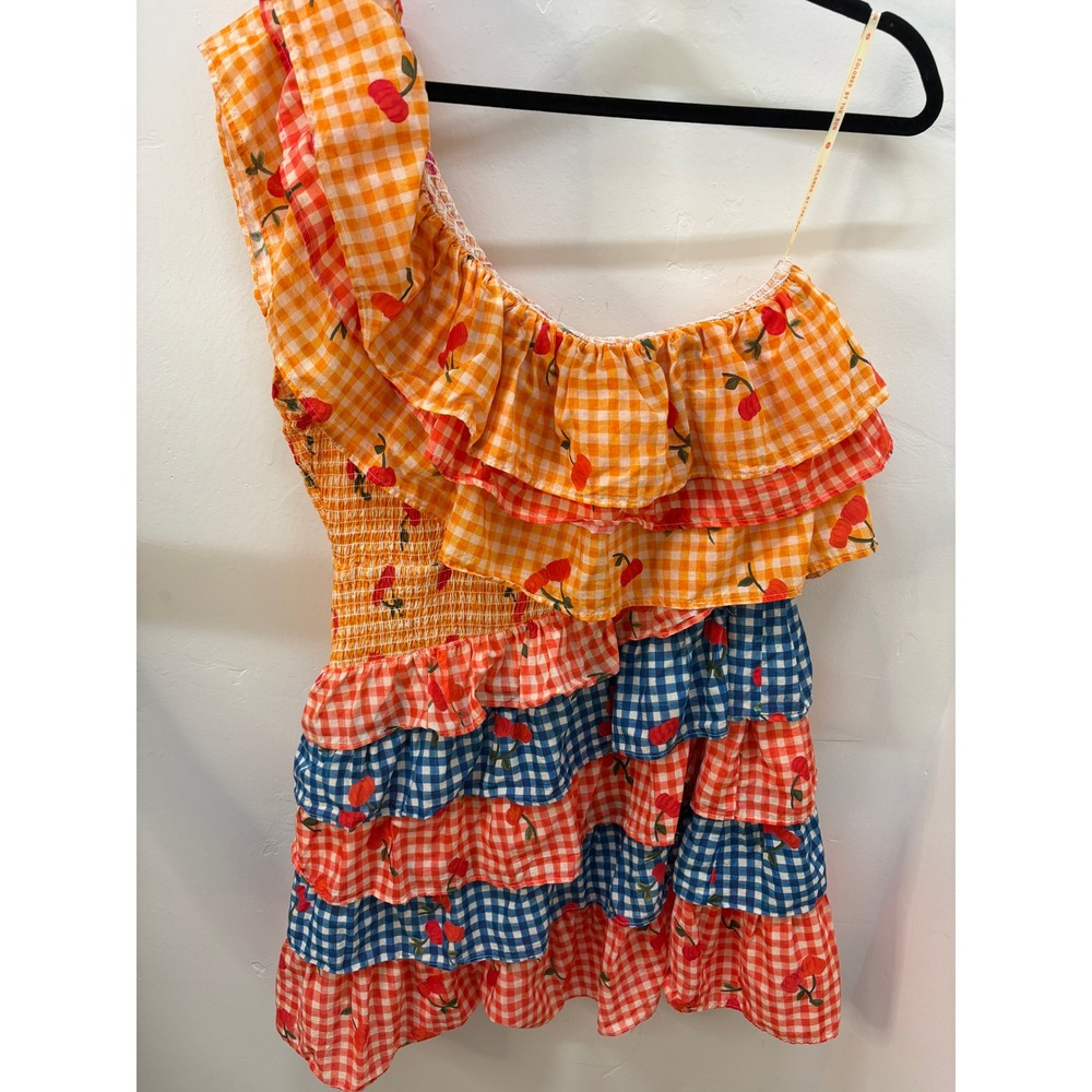 Farm Rio for Anthropologie Gingham Cherry One Shoulder Ruffle Mini Dress Large